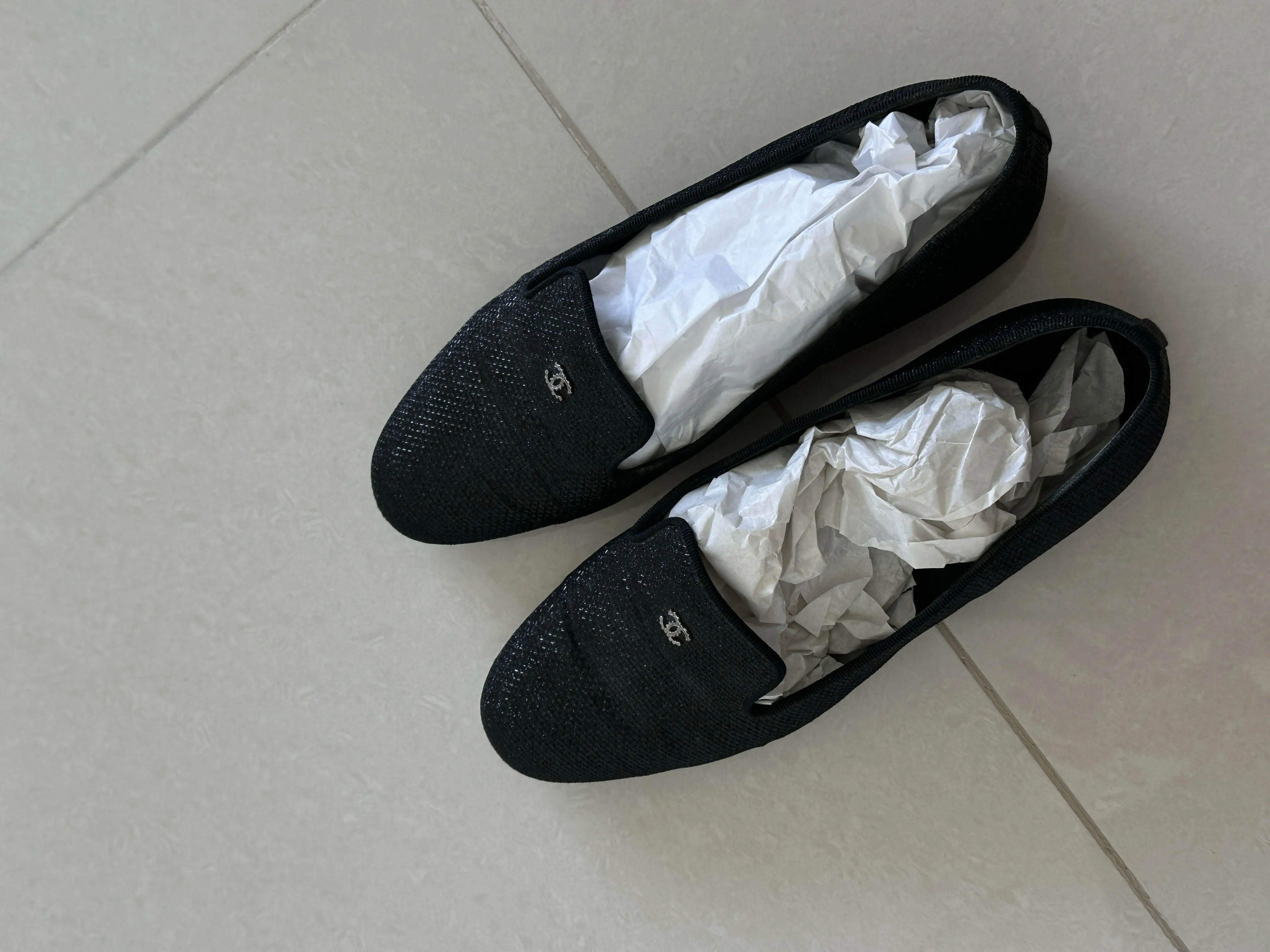 Black Glitter Fabric Mocassin Loafers