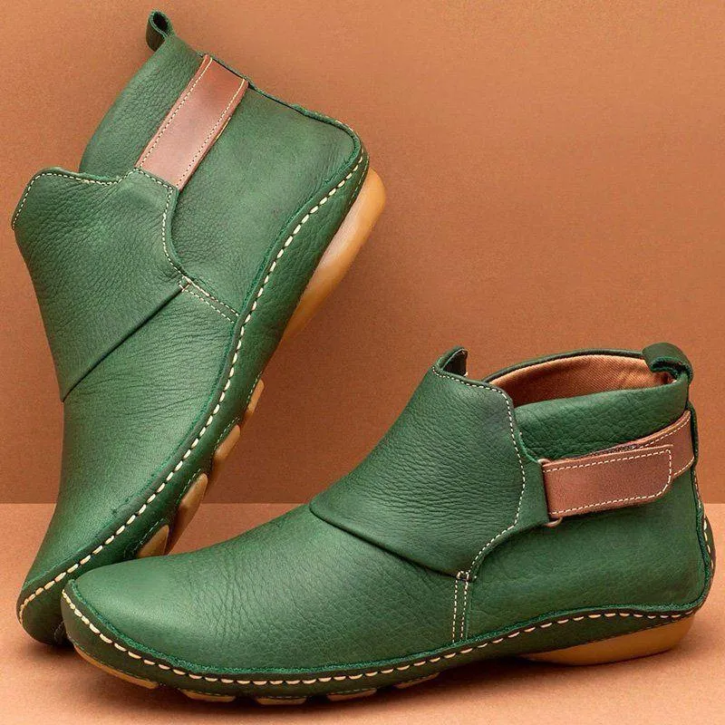 Chicvane Womens Solid Round Toe Flat Heel Velcro Closure Ankle Boots