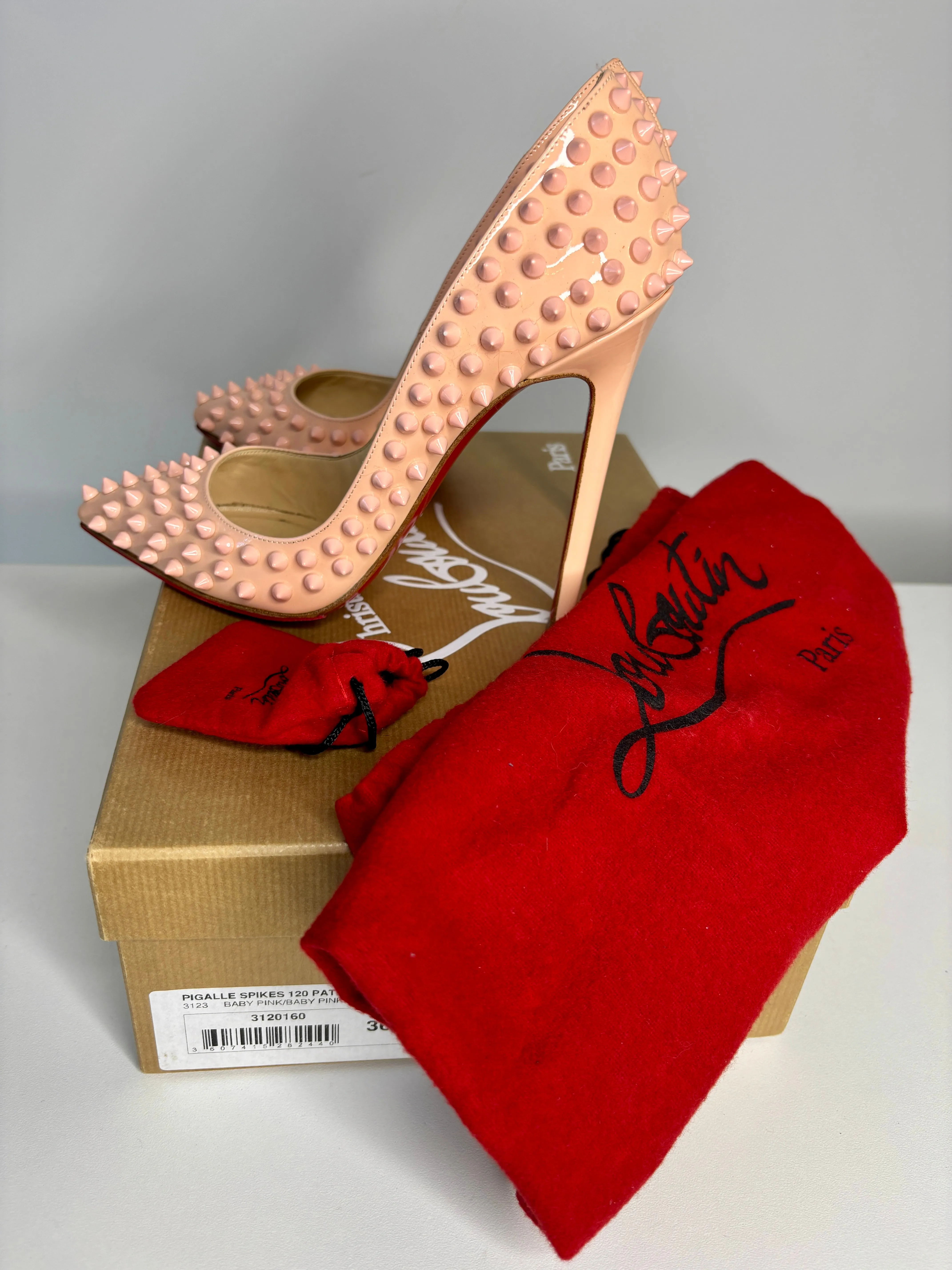 Christian Louboutin Pigalle Spikes 120 Baby Pink Patent Leather Heels 36 UK3