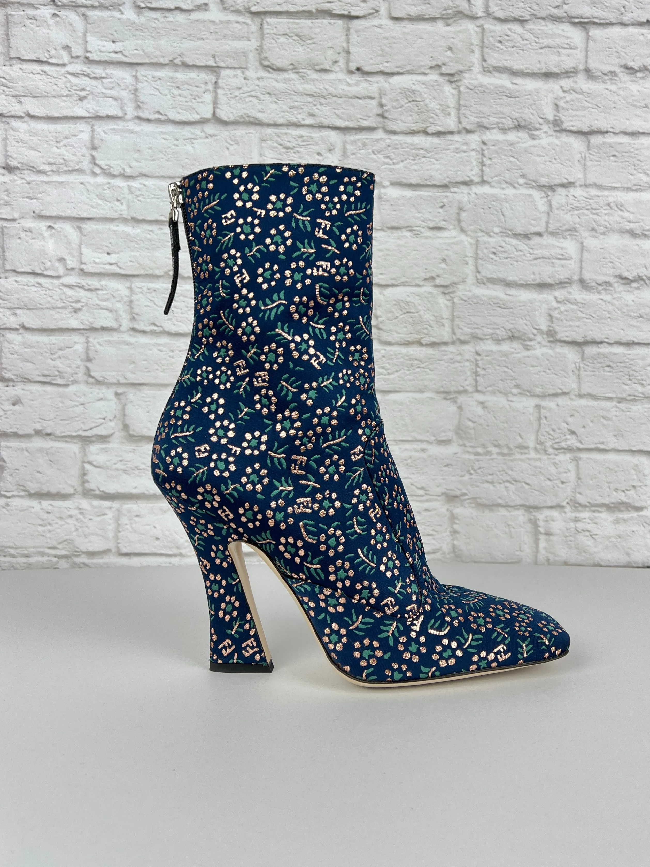 Fendi FFreedom Floral Brrocade Square Toe Ankle Boots, Size 39, Blue