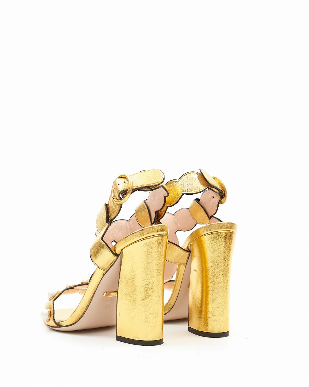 Gucci Gold Metallic Pearl Detail Sandal Heel - 37