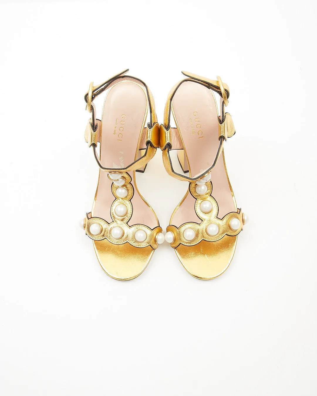 Gucci Gold Metallic Pearl Detail Sandal Heel - 37