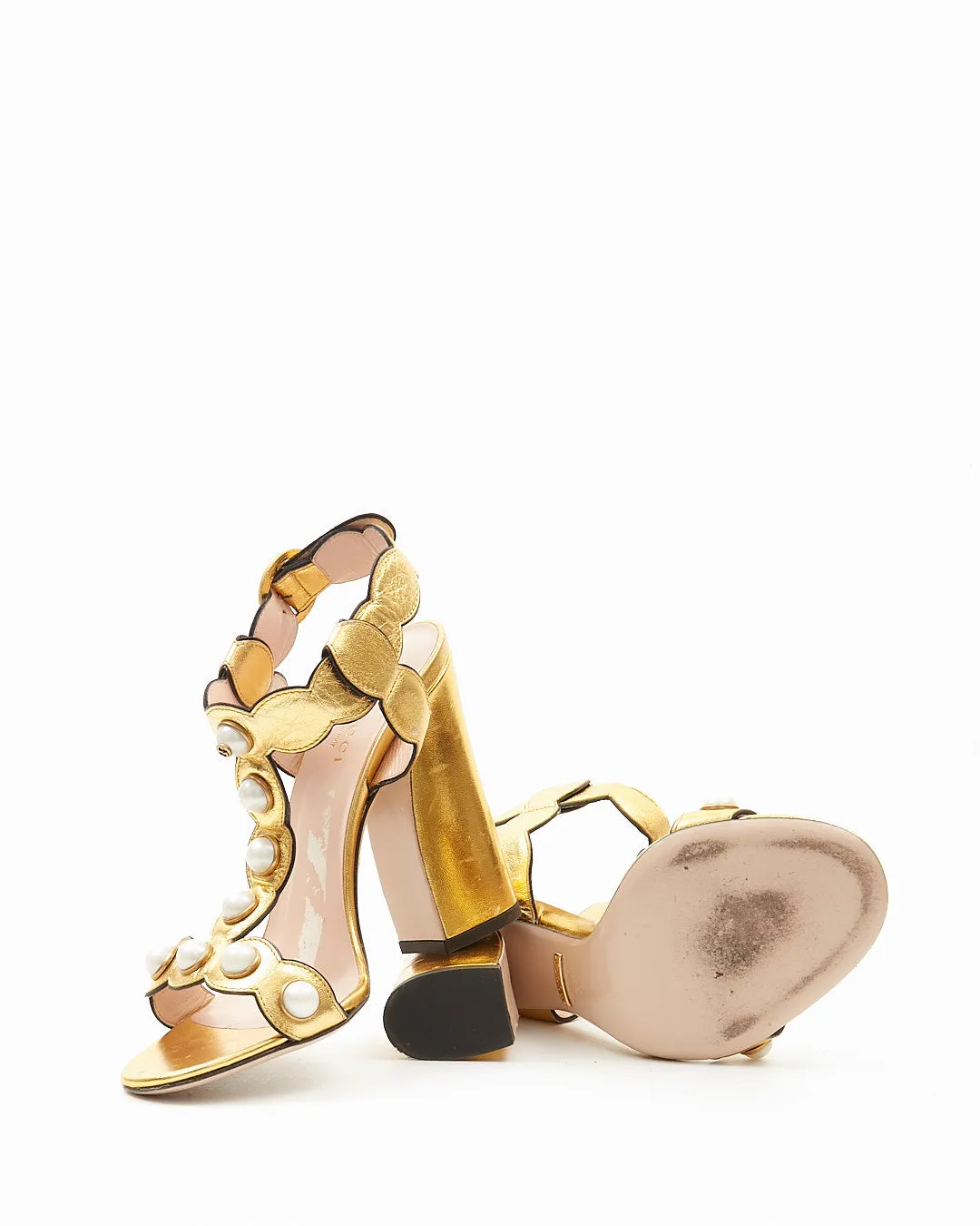 Gucci Gold Metallic Pearl Detail Sandal Heel - 37