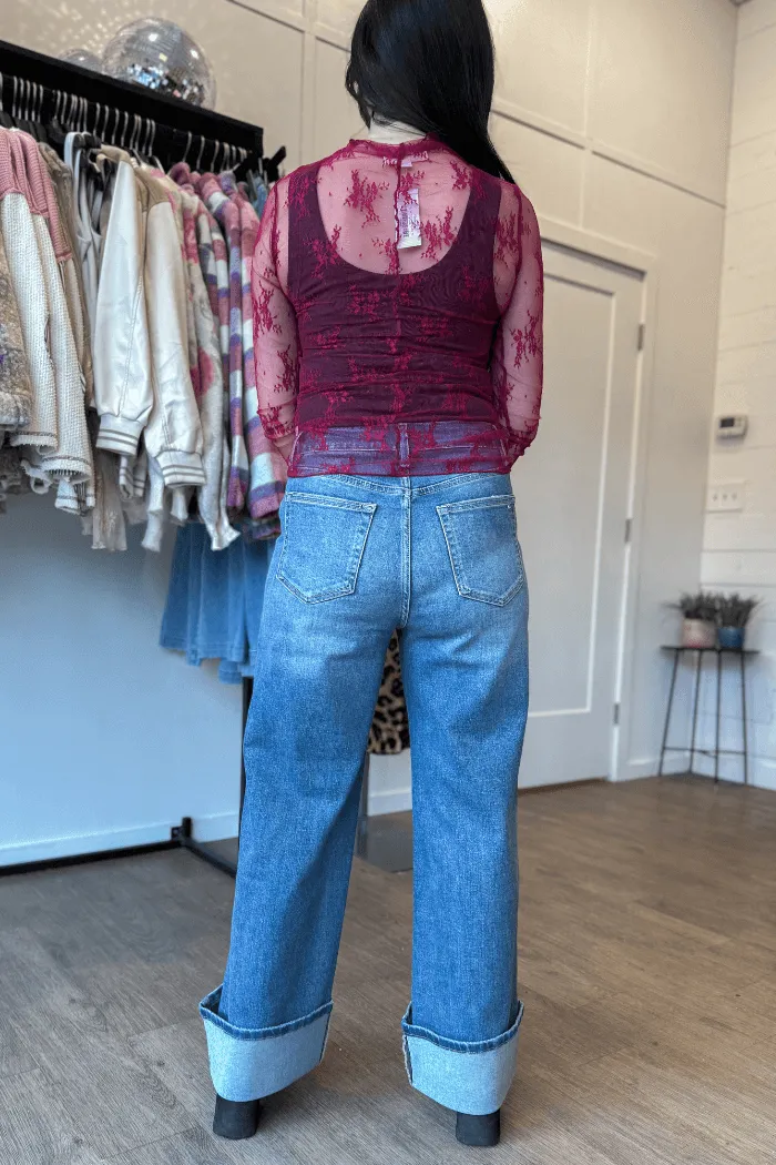 High Rise Trouser Cuffed Wide Leg Denim Bottoms