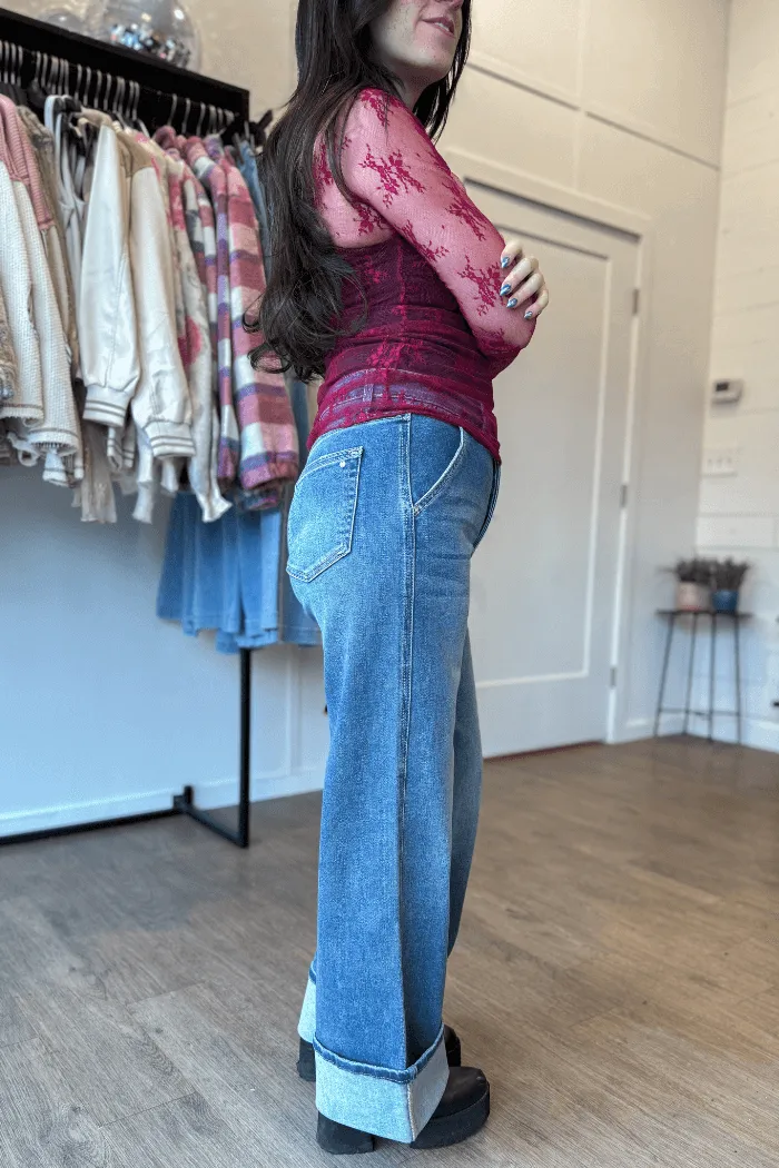 High Rise Trouser Cuffed Wide Leg Denim Bottoms