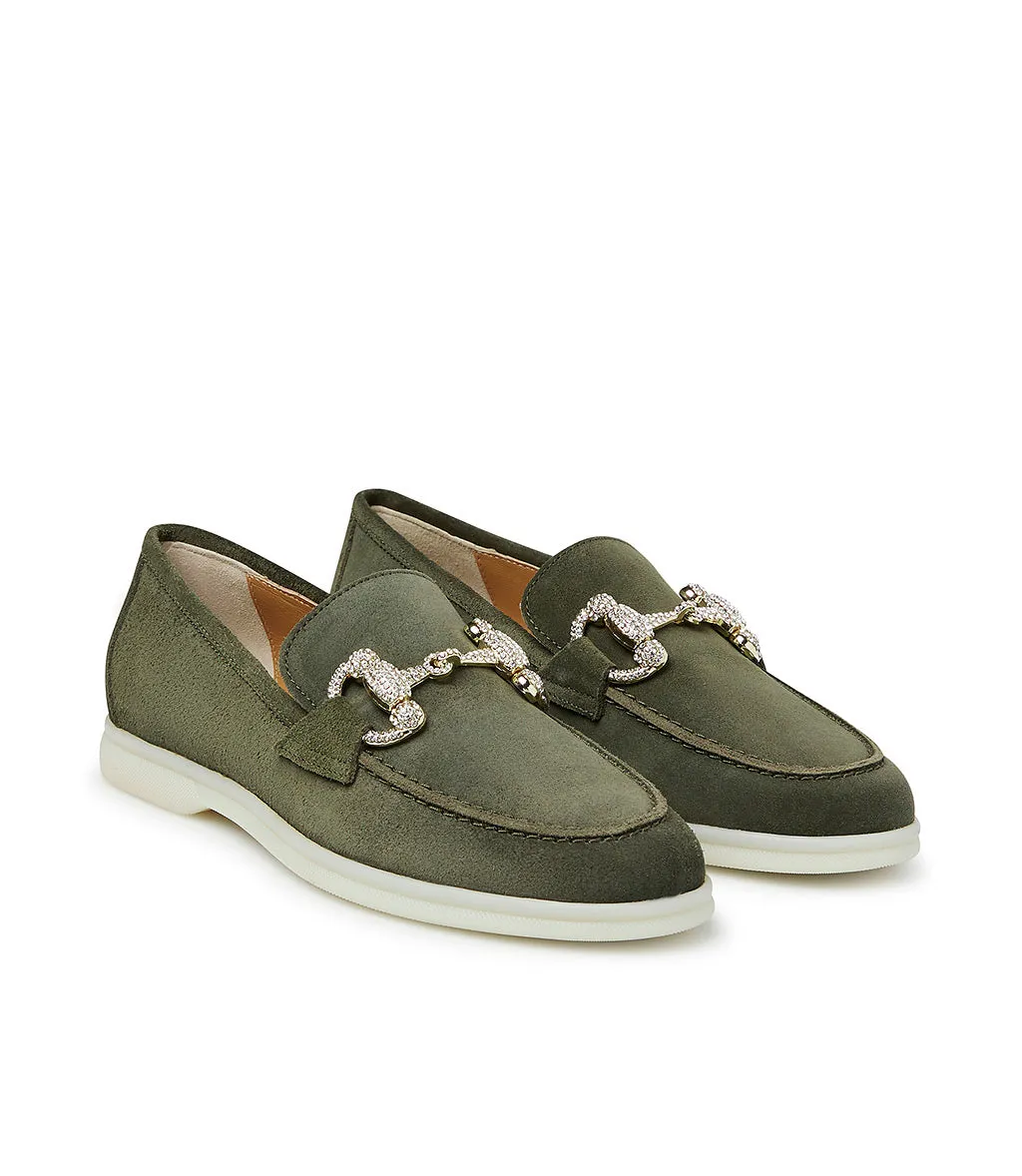 Jewel-buckle Green suede loafers