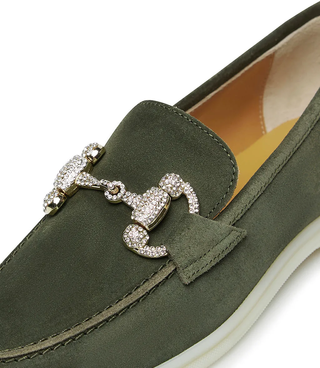Jewel-buckle Green suede loafers