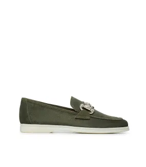 Jewel-buckle Green suede loafers
