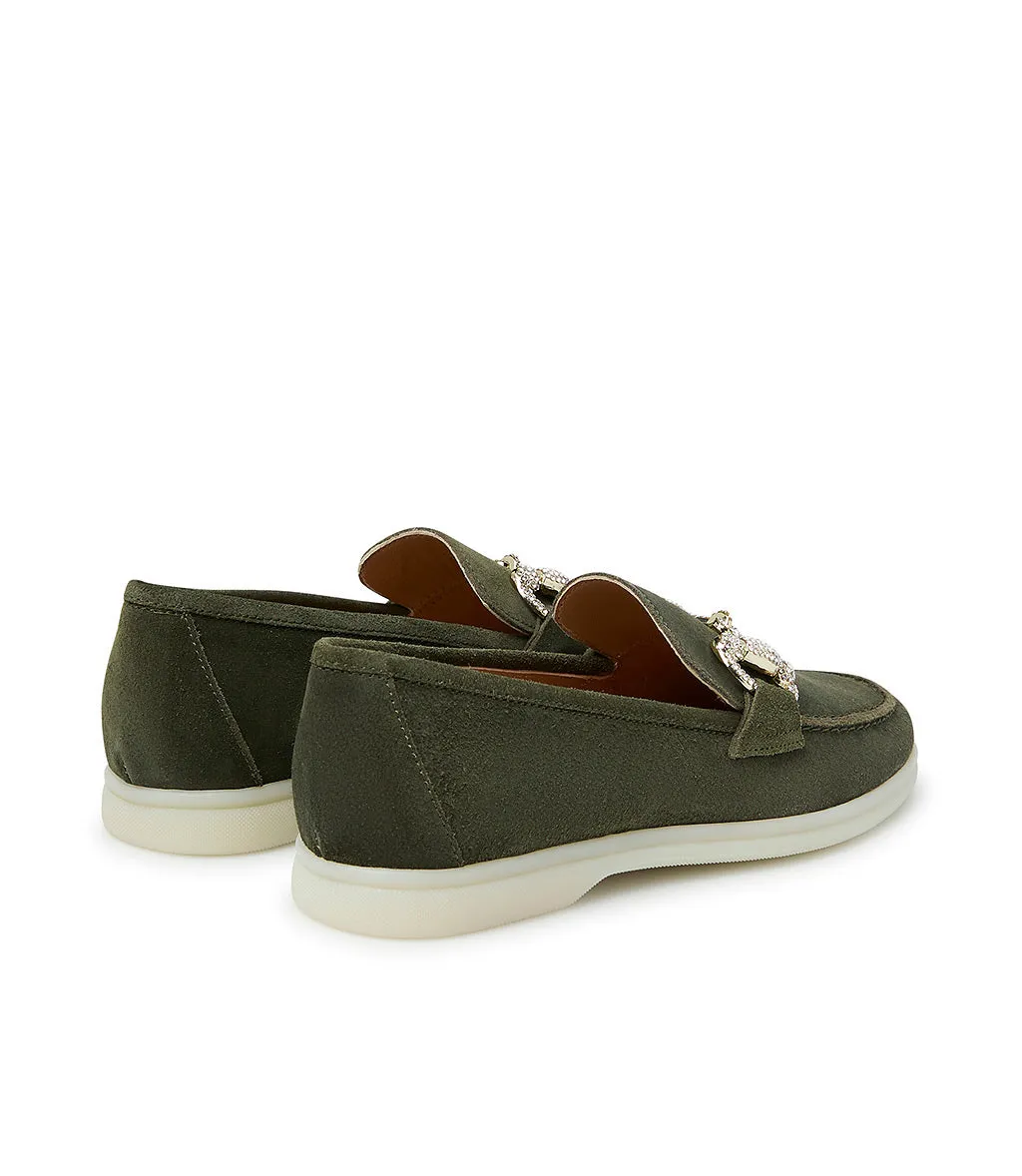 Jewel-buckle Green suede loafers