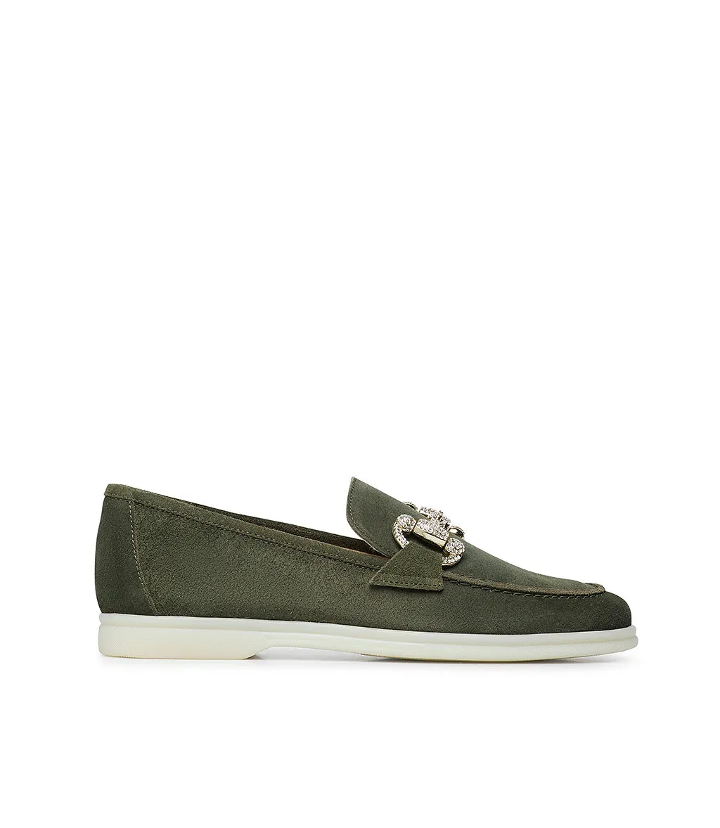 Jewel-buckle Green suede loafers