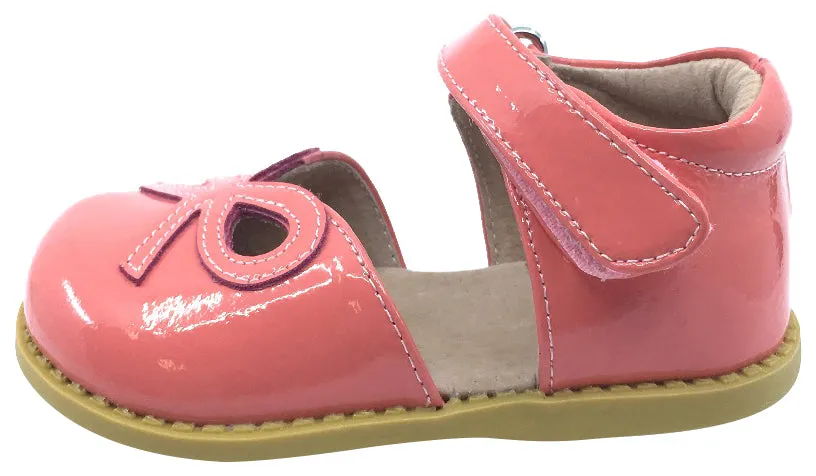 Livie & Luca Girl's Bow Coral Pink Patent Leather Ribbon Bow Cut-Out Mary Jane Flat Shoes
