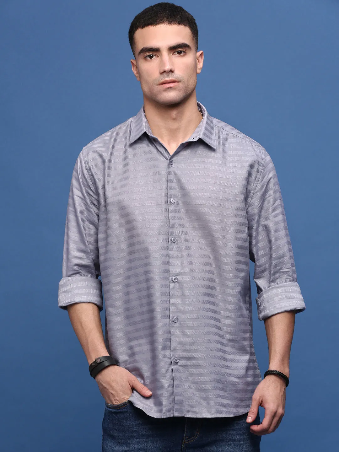 Men Grey Slim Fit Striped Shirt