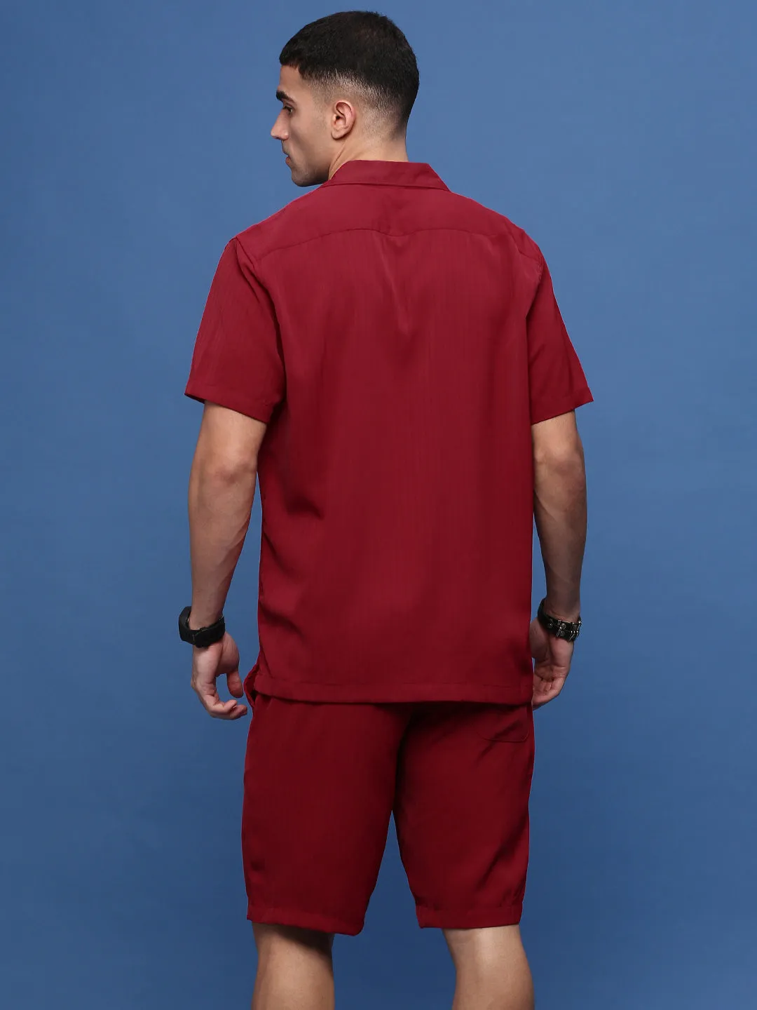 Men Red Cuban Collar Solid Co Ords Set