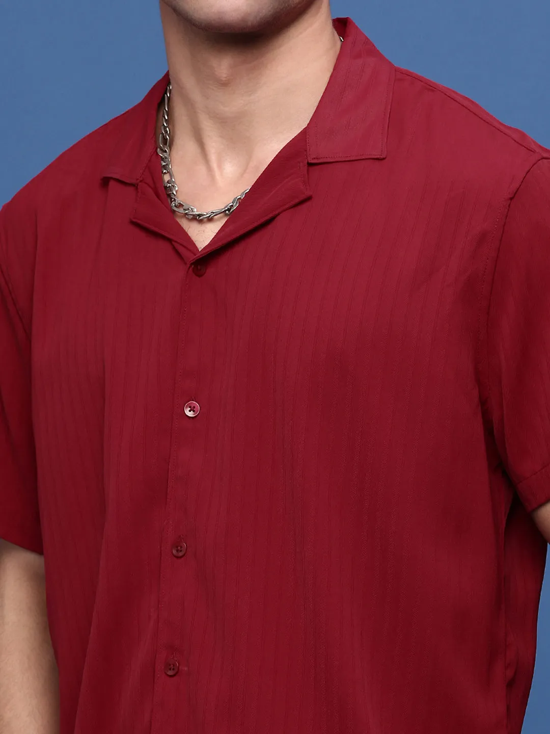 Men Red Cuban Collar Solid Co Ords Set