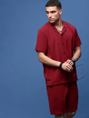 Men Red Cuban Collar Solid Co Ords Set