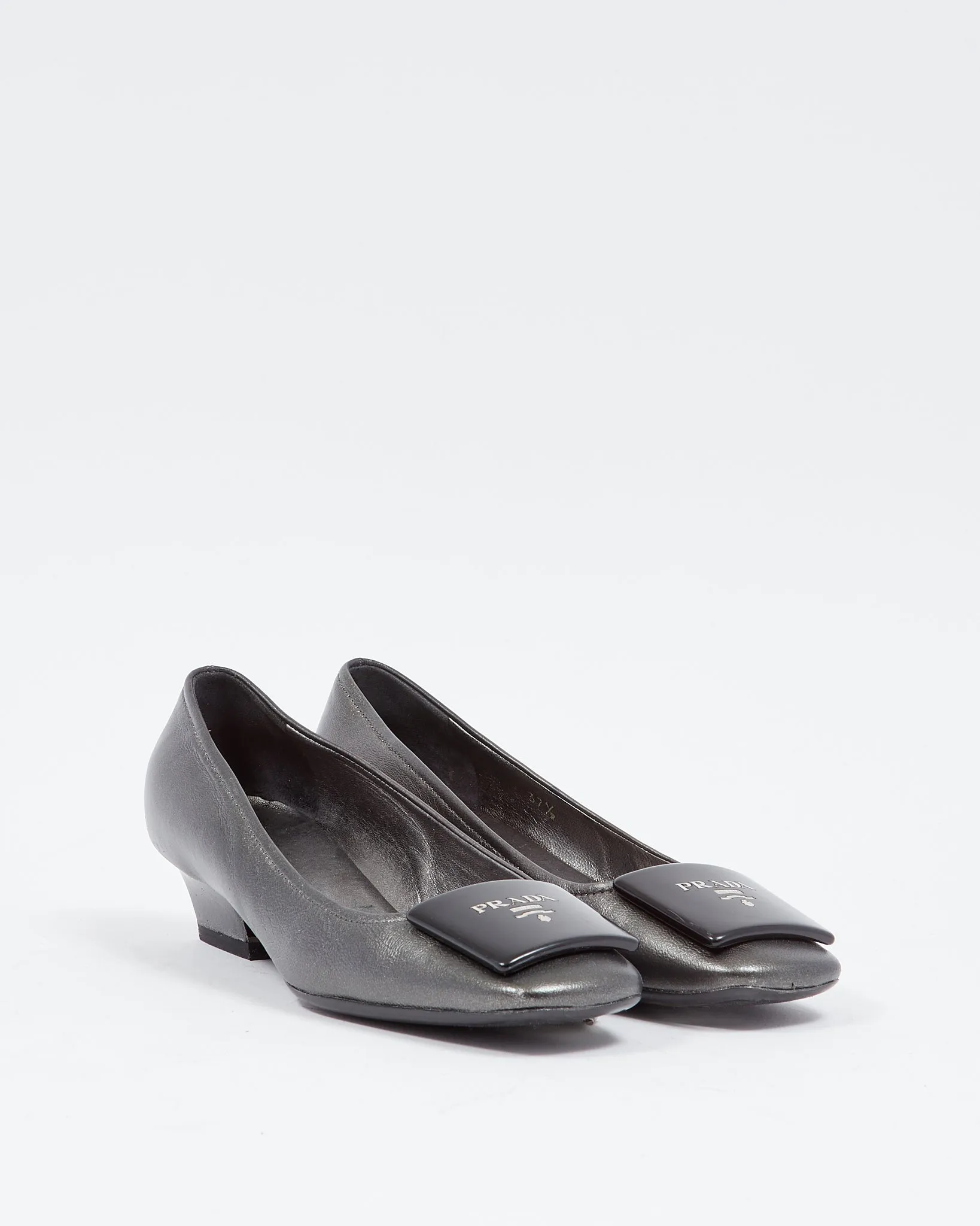 Prada Metallic Grey Kitten Block Heel Pumps - 37.5