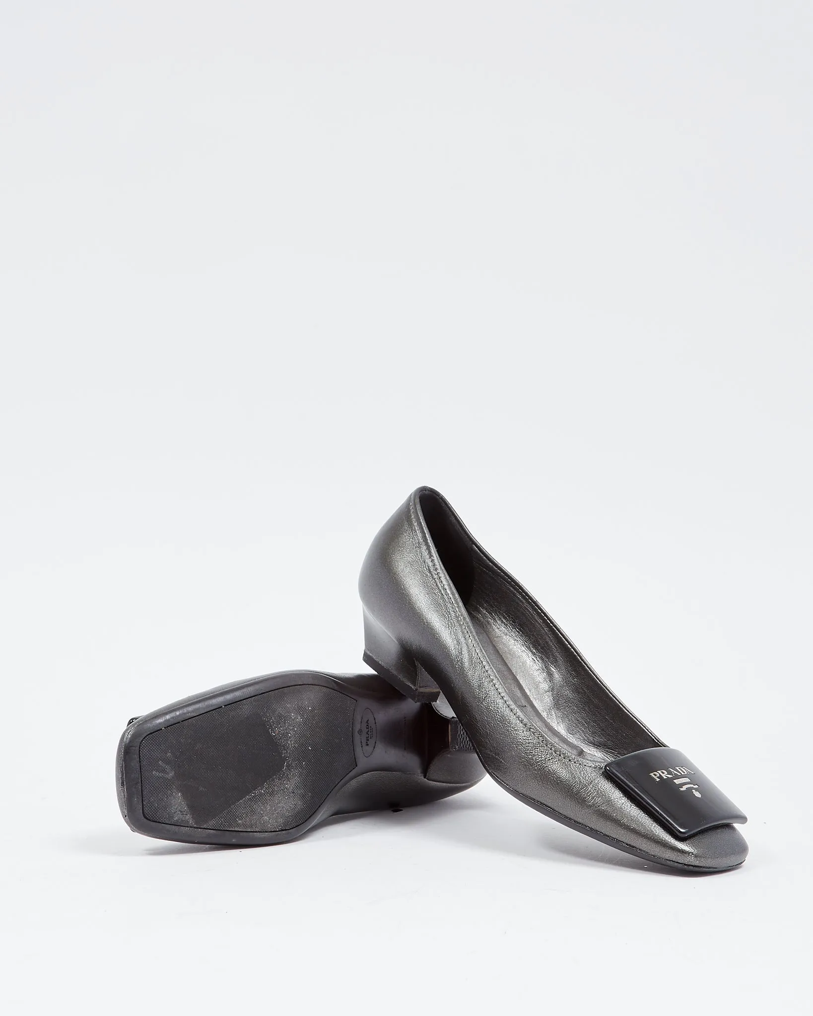 Prada Metallic Grey Kitten Block Heel Pumps - 37.5