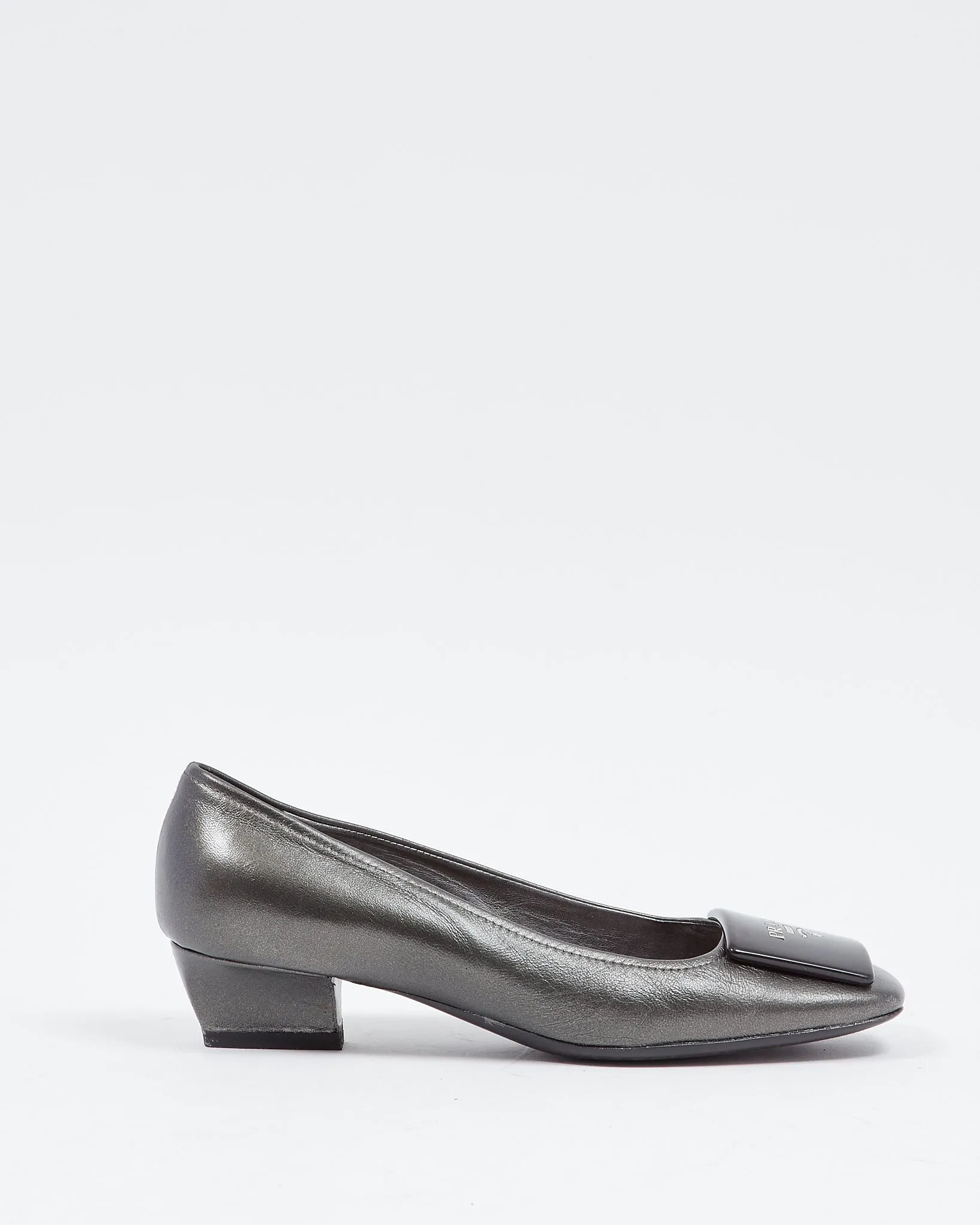 Prada Metallic Grey Kitten Block Heel Pumps - 37.5