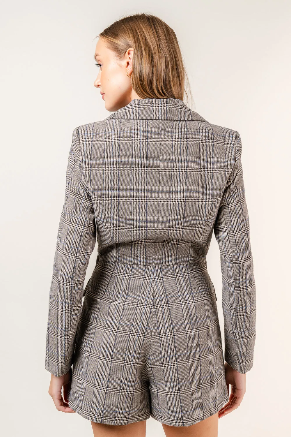 Safra Plaid Blazer Romper Onepiece Jumpsuit